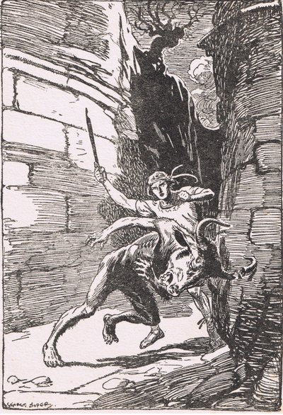De Minotaurus: Het monster in zijn eerste stormloop tegen Theseus, miste hem op een haar na en brak een van zijn hoorns door George Soper